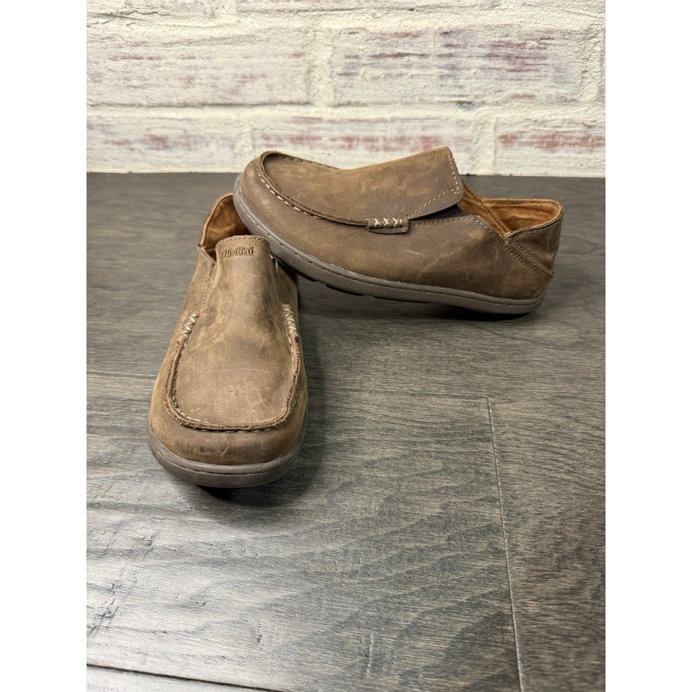 Olukai Moloa Boys US Size B2 Brown Leather Slip On Shoes Loafers